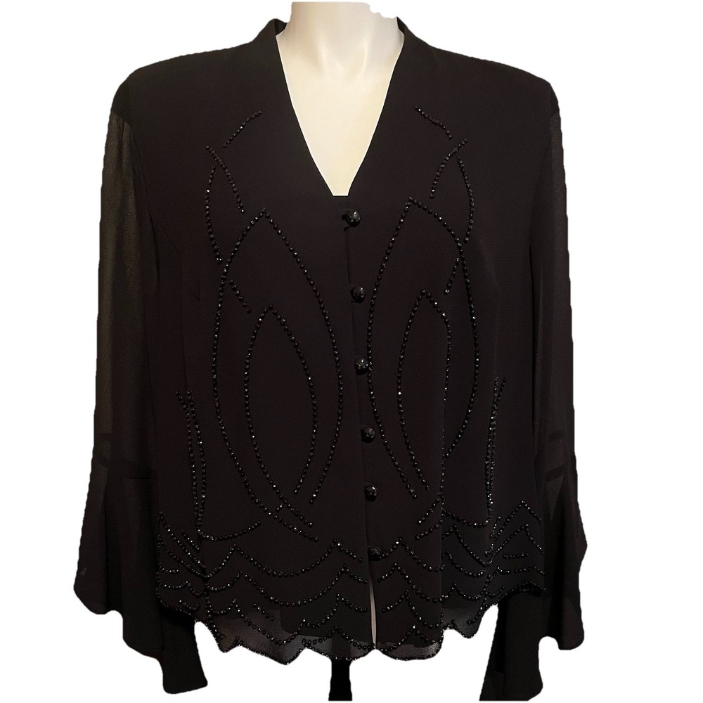 VTG J.R. Nites Woman Sz 24 Black Beaded Top Whimsigoth Bell Sleeve Elegant Party